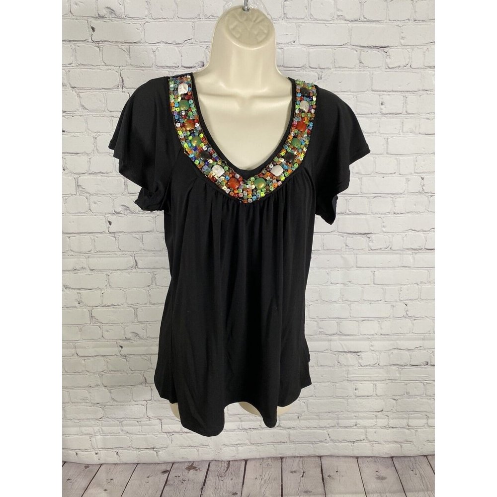 Carrie Allen Black Chunky Beaded Neckline Pleated Short Sleeve Blouse Womens L
